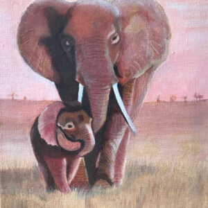 Elephant mother embracing baby elephant painting