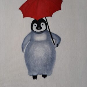 oil painting of a penguin holding a red umbrella