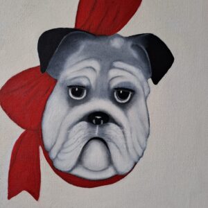 Oil painting of a dog wearing a bow